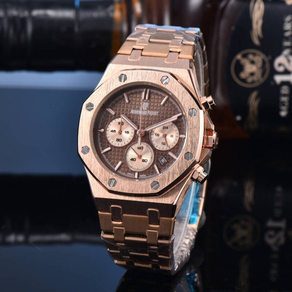 Audemars Piguet Royal Oak Chronograph 41mm in rose gold with a brown dial and matching bracelet.