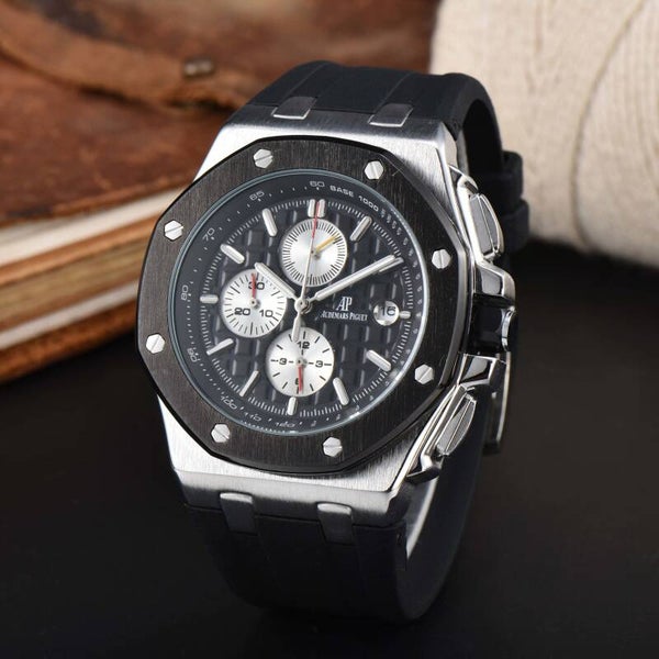 Audemars Piguet Royal Oak Offshore Chronograph "Ghost" watch with a black ceramic bezel, grey dial