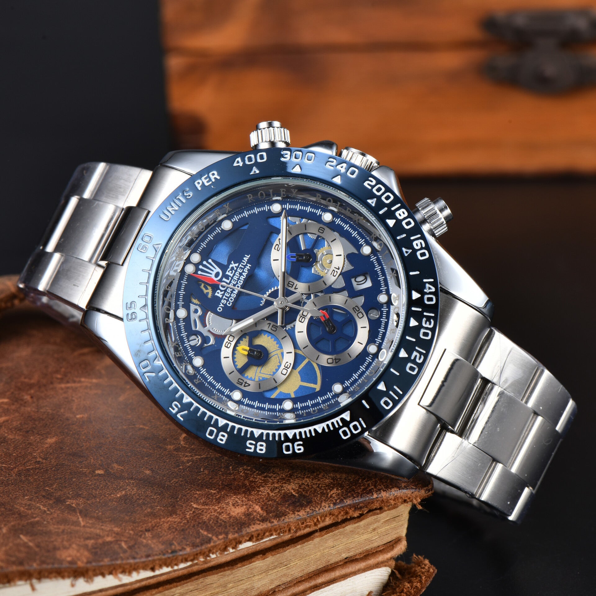 Rolex Daytona La Montayo with a blue skeleton dial and a silver-toned metal band