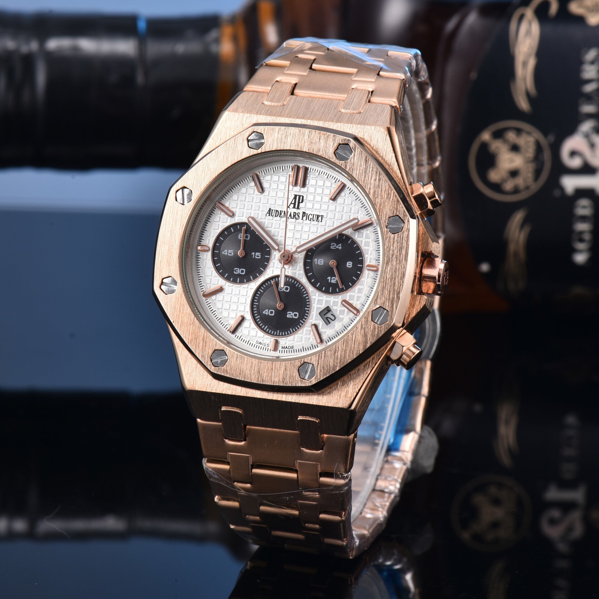 Audemars Piguet Royal Oak Chronograph watch in rose gold with a silver-toned dial