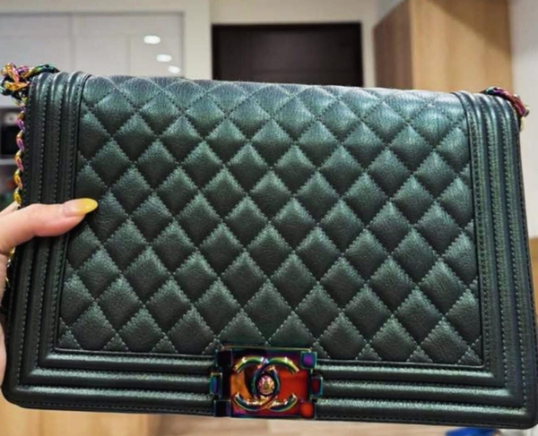 Chanel Iridescent Green Quilted Caviar Boy Bag with Rainbow Hardware