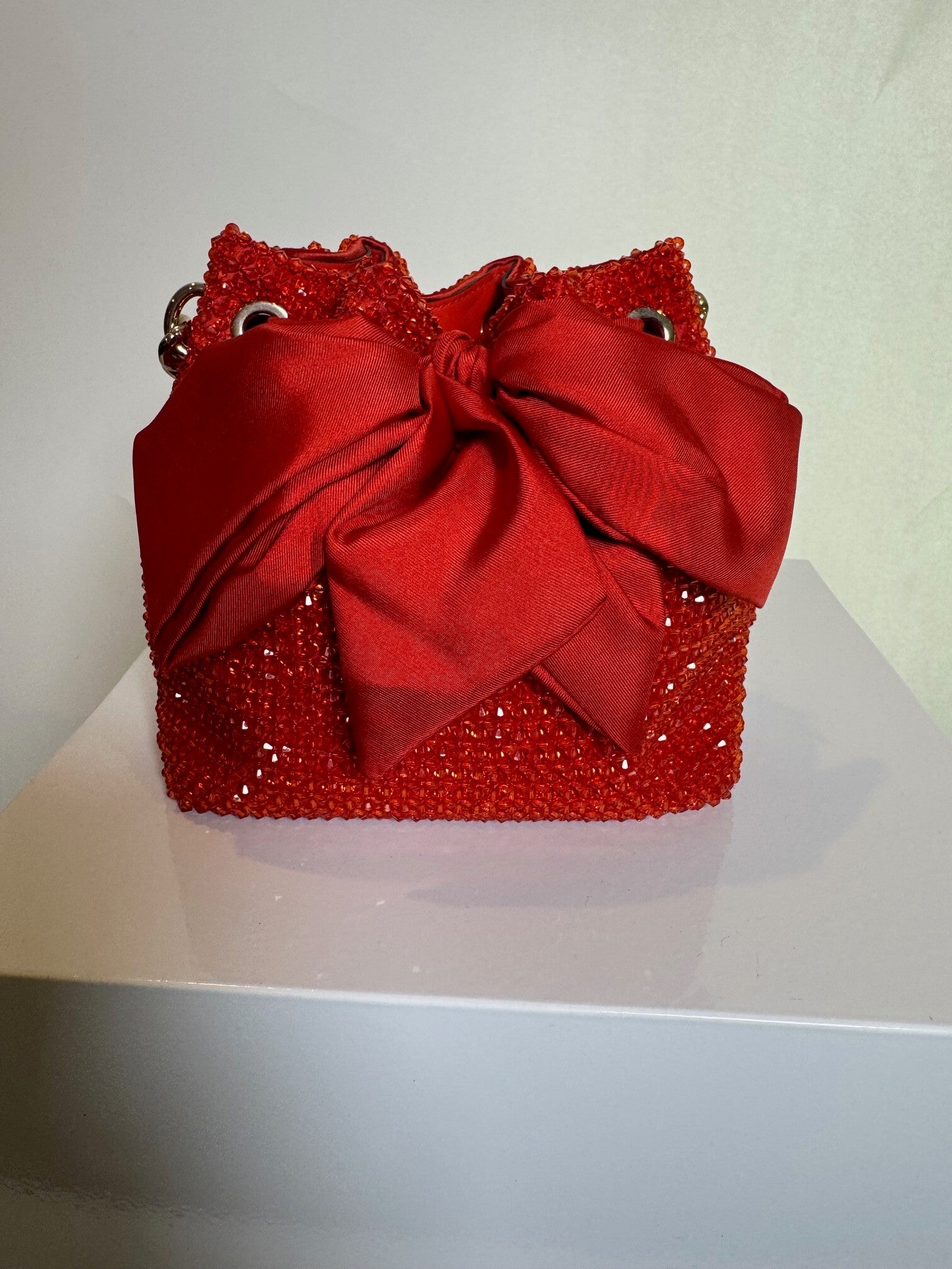 Jimmy Choo Bon Bon Bow Crystal Bucket Bag in Paprika Pink