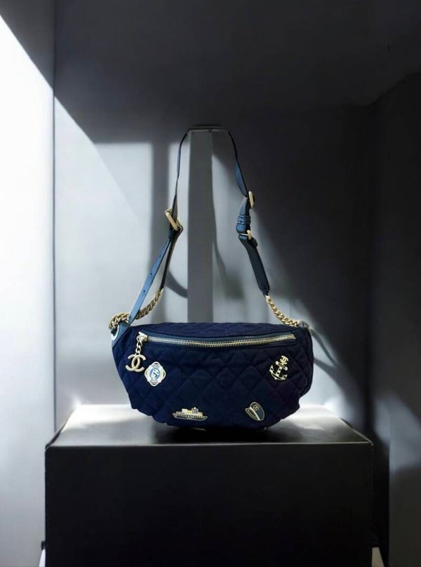 ***SOLD***Chanel Lambskin Quilted Paris Hamburg Charms Waist Bag Dark Navy