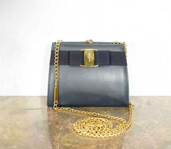 ***SOLD***Vintage Ferragamo Chain Shoulder Bag – Black with Gold Hardware