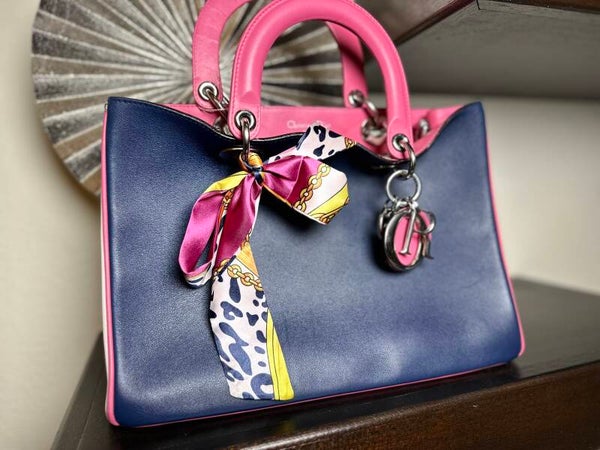 Christian Dior Diorissimo Tote Bag – Navy Blue with Fuchsia Handles & Trim, Silver Hardware, Detachable Pouch & Strap