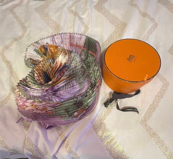 Hermès Pleated Silk Scarf – Multicolor Feather Motif with Box