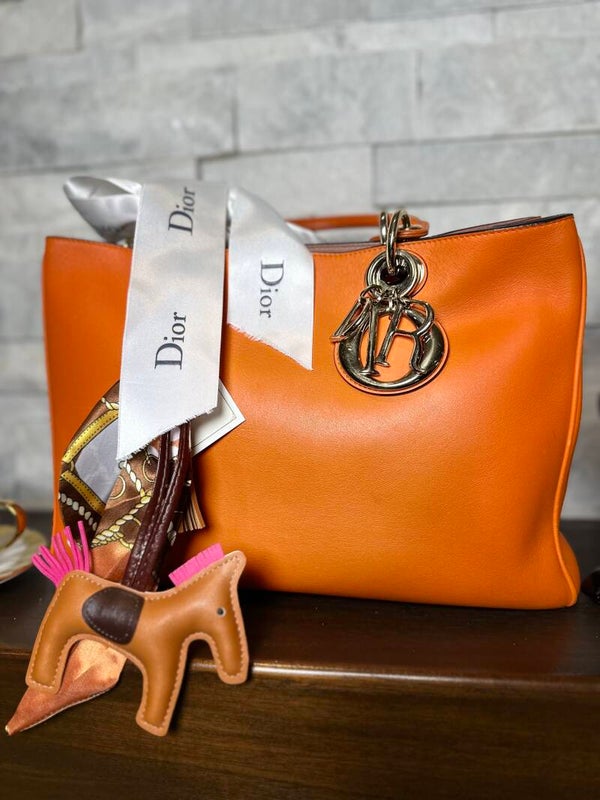 Christian Dior Large Orange Leather Tote with Dior Charm