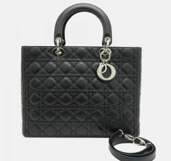 Christian Dior Large Lady Dior Bag in Black Matte Cannage Leather with Silver Hardware