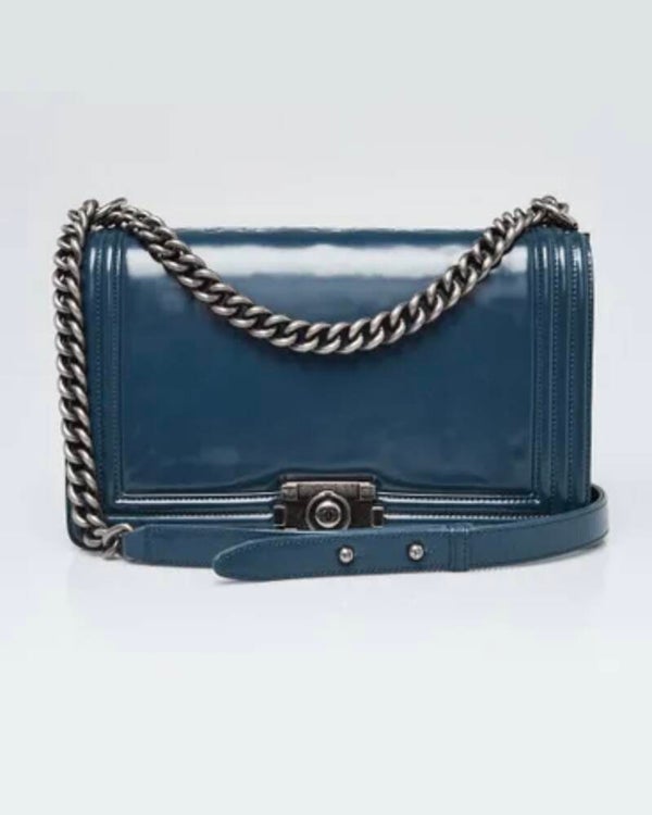 Chanel Boy Bag in Blue Patent Leather with Ruthenium Hardware