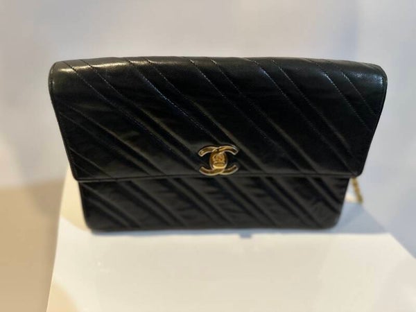Vintage Chanel Black Diagonal Quilted Flap Bag with 24k Gold Hardware