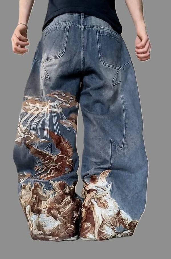 szerokie baggy spodnie loose y2k swag RAP haft