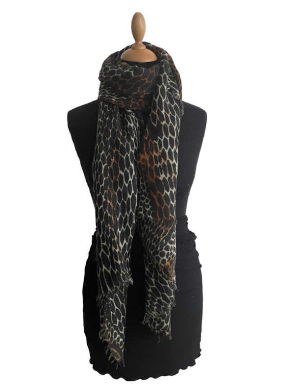 HIGHFIELD SHAWL DESSIN “FANCY ANIMAL” WOL 70CM X 180CM – OFFWHITE/COGNAC/ZWART