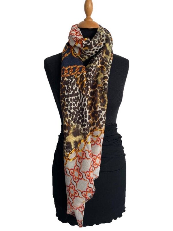 HIGHFIELD SHAWL DESSIN “CLASSIC CHAIN-PANTER” WOL, 70CM X 180CM, KLEUR OFFWHITE/NAVY/GRIJS/ORANJE/BRUIN