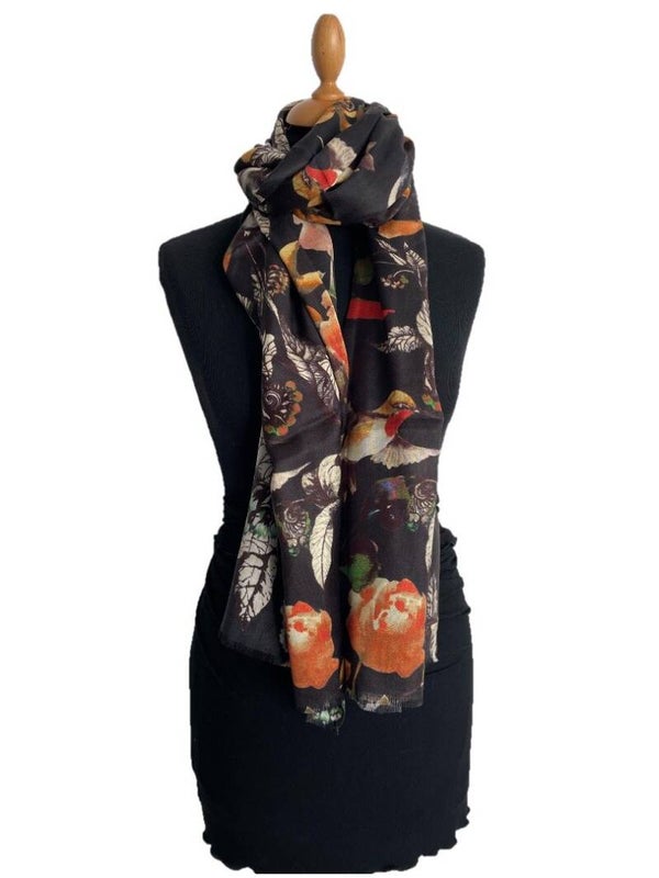HIGHFIELD SHAWL DESSIN “VOGELS” ZIJDE 70CM X 180CM – ZWART