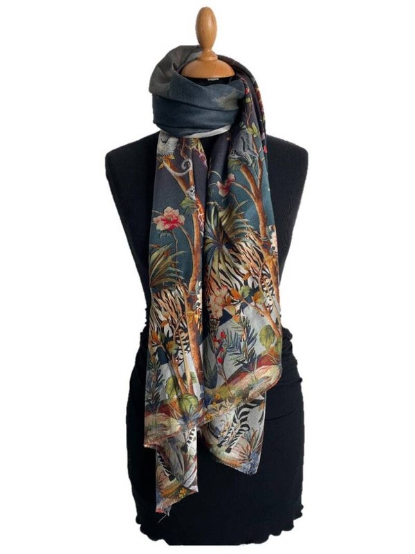 HIGHFIELD SHAWL DESSIN “ANIMAL” ZIJDE 70CM X 180CM – GRIJS-GROEN/MULTICOLOUR