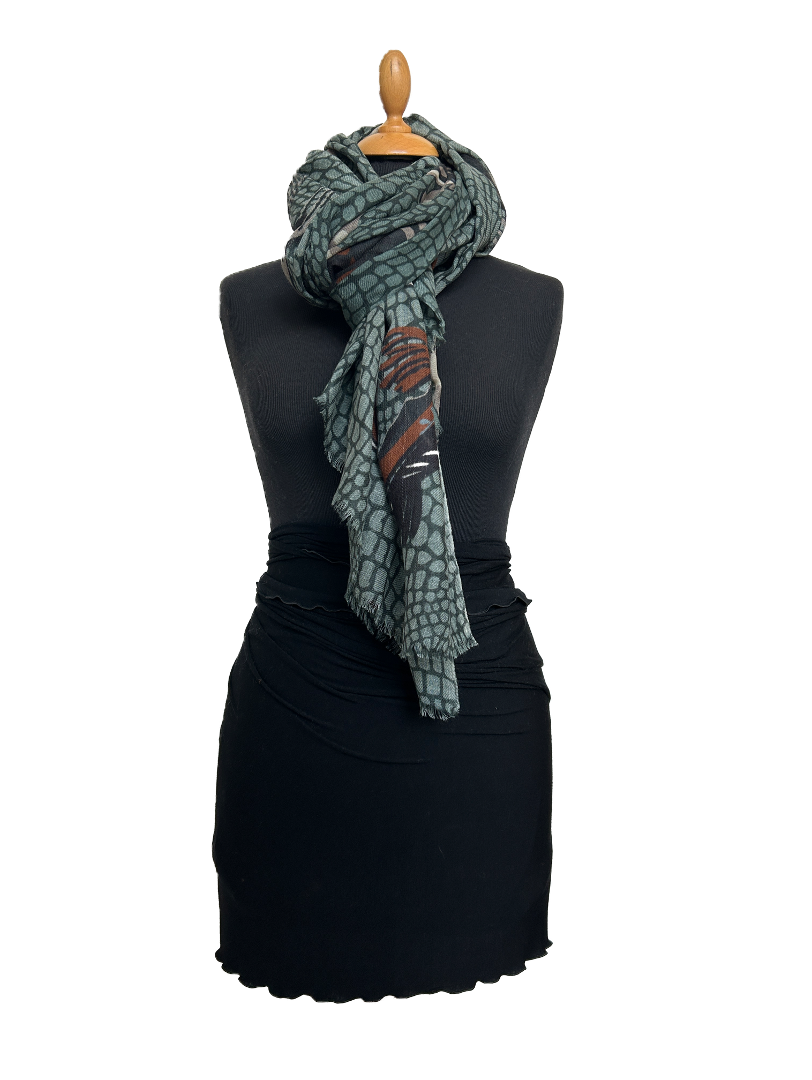 HIGHFIELD SHAWL DESSIN “ANIMAL PRINT-SNAKE” WOL, 90CM X 190CM, KLEUR GROEN/ZWART/BRUIN