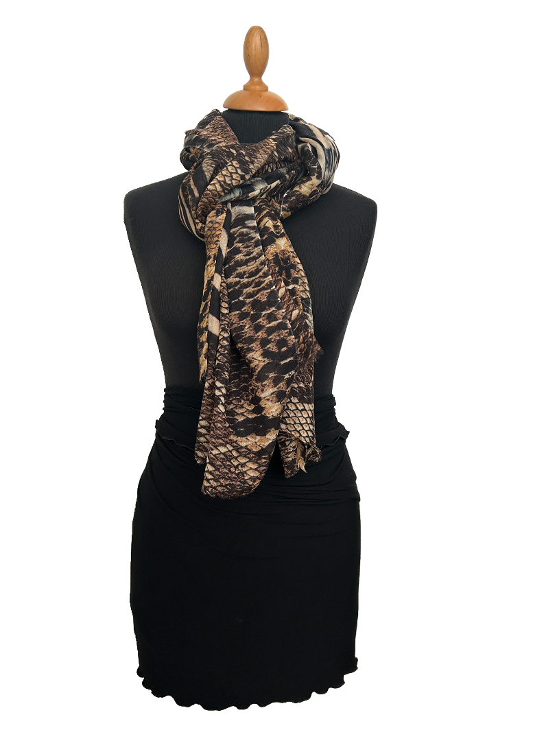 HIGHFIELD SHAWL 100% WOL, "PRINT FANTASY" 90CM X 190CM, KLEUR BRUIN/ZWART/TAUPE