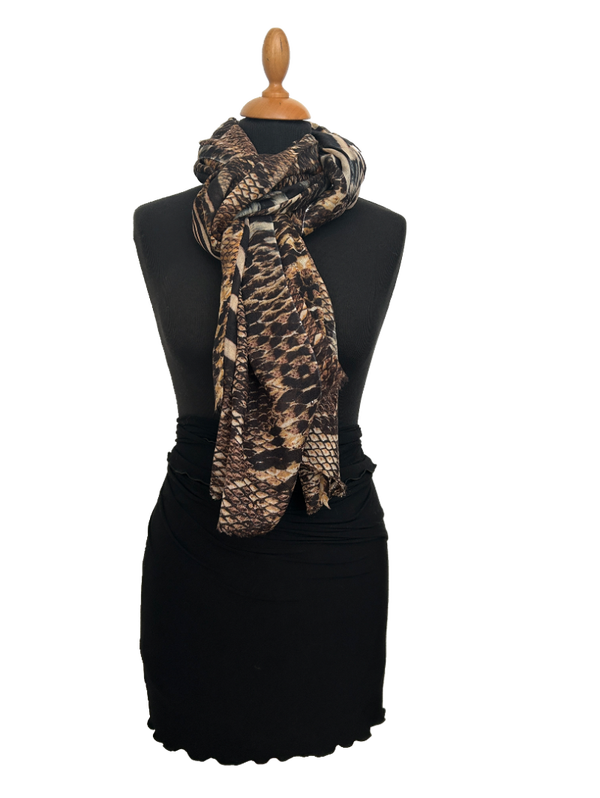 HIGHFIELD SHAWL 100% WOL, "PRINT FANTASY" 90CM X 190CM, KLEUR BRUIN/ZWART/TAUPE