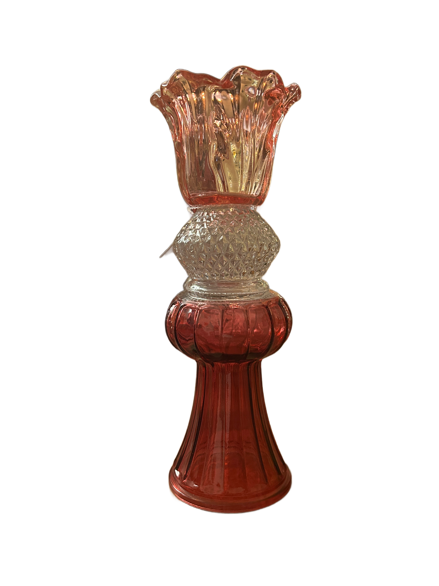 Waxinelichthouder/vaas  bloem rood-wit-roze 10 x 28cm