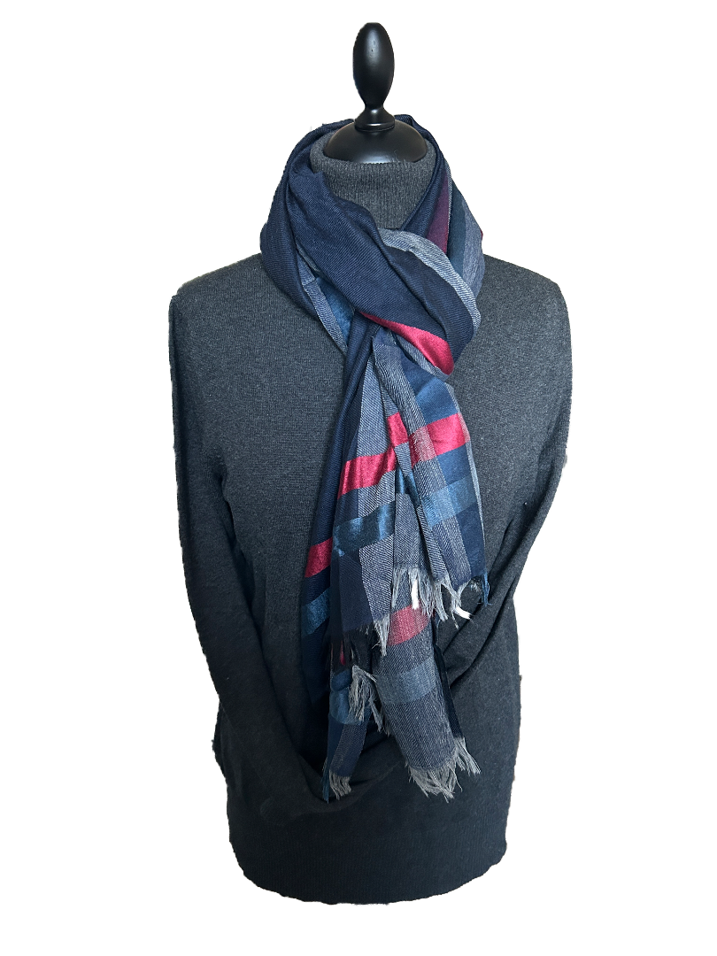 MEREIN HEREN SHAWL 92% WOL 8% ZIJDE MULTICOLOR/NAVY 70X190CM