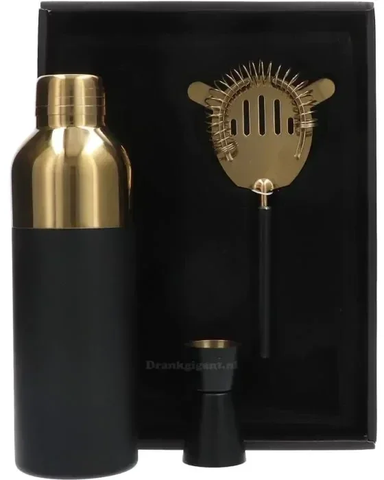 COCKTAILSHAKER ZWART/GOUD MET TRAINER EN JIGGER. (80)