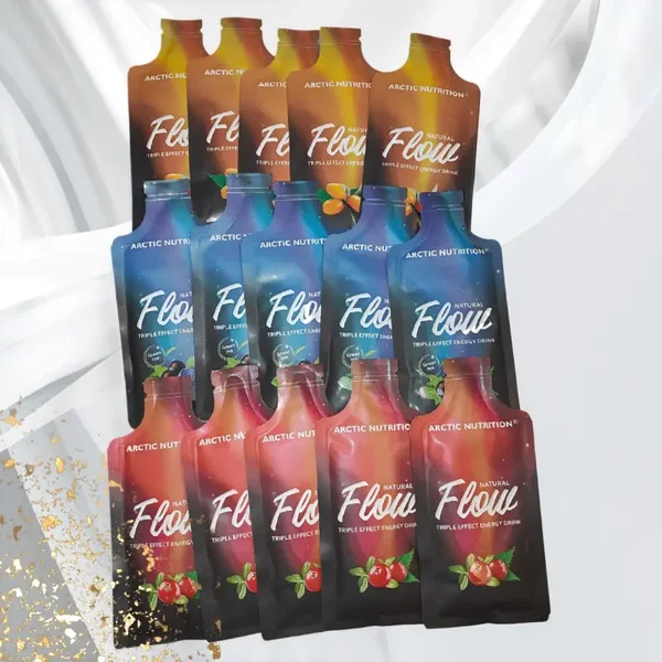 FLOW-ENERGIAJUOMA, 15 x 20 g annospussia (3 makua, 5 kpl kutakin)