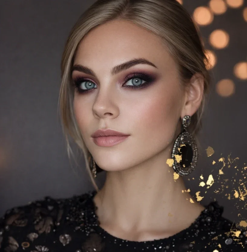 Naiselle on tehty näyttävä iltameikki juhlatilaisuuteen, jota täydentävät koristeelliset roikkuvat korvakorut ja elegantti musta juhlamekko.