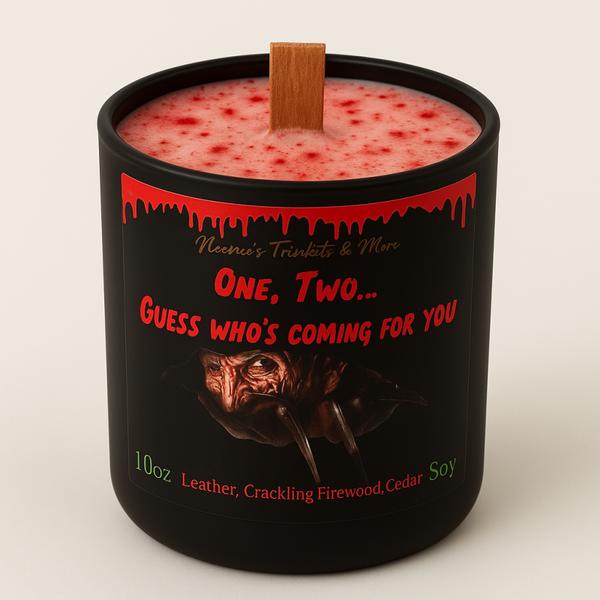 One, Two, guess who's coming for you!  Freddy Krueger 10oz Soy Leather, Crackling Firewood & Cedar Scented