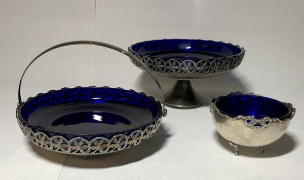 Set van 3 verzilverde schalen met kobalt
