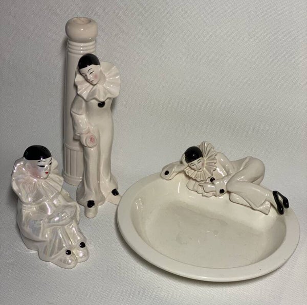 Art Deco porseleinen set van 3 Pierrot clown deeltjes