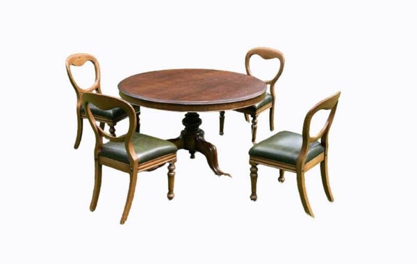 Antieke Eettafel Set Rond, Leren Stoelen Ballon Rug