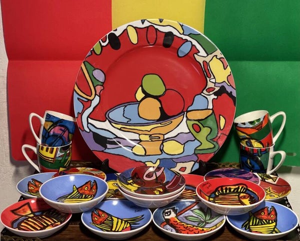 Prachtige kleurrijke porseleinen Corneile gebaksset