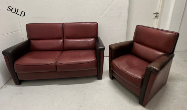 Bordeaux leren bankstel met fauteuil