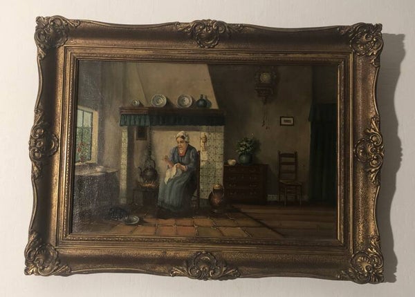 Framed Oil on Canvas "Woman Preparing Dinner in a Farm Kitchen", 19th Century