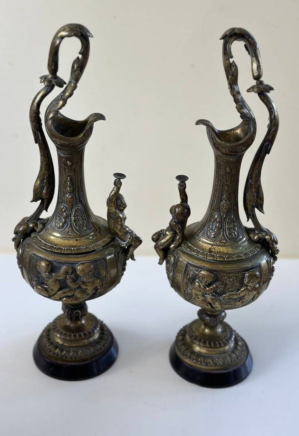Pair of French Classical Bronze Slate Ewer Cherubs Putti Pitcher
