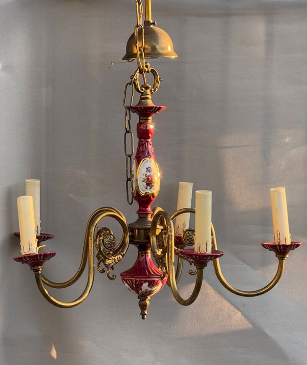 Chandelier Porcelain Brass Red  cherry Bohemian Style 5 arms Lights, Vintage