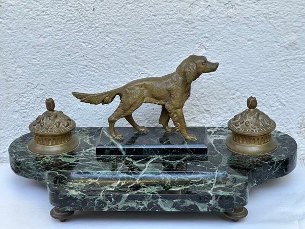 Antique French Empire Style Figurative Bronze and Marble Desk Inkwell with Hunting Dog