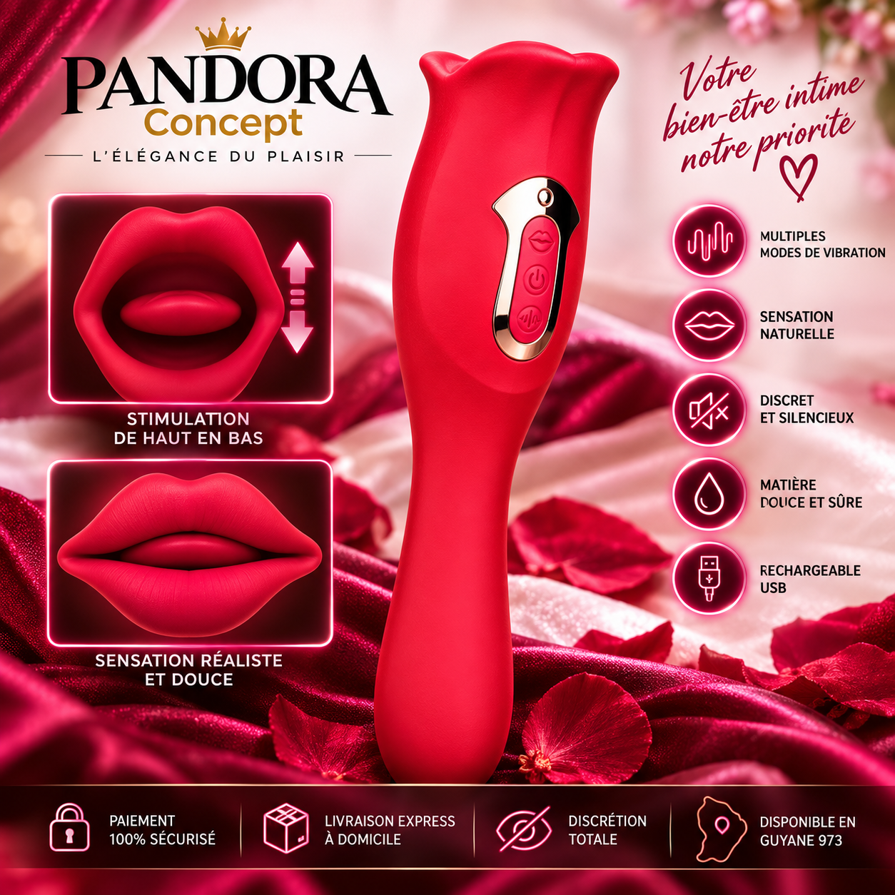 Vibromasseur puissant 2-en-1 avec bouche et langue vibrante Sweet Kiss
