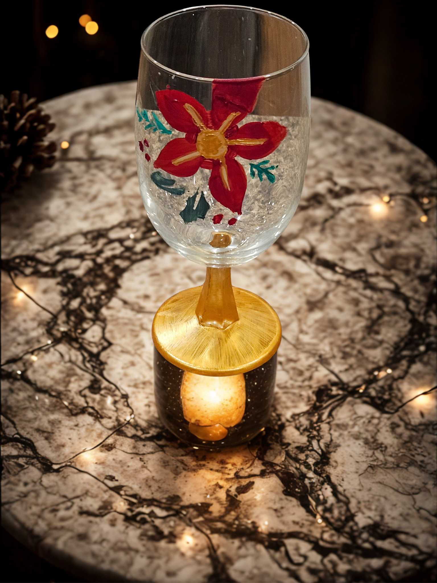 Hand Painted Poinsettia Gold Stemmed Wine Glass