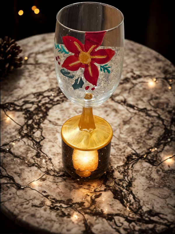 Hand Painted Poinsettia Gold Stemmed Wine Glass Set of 2