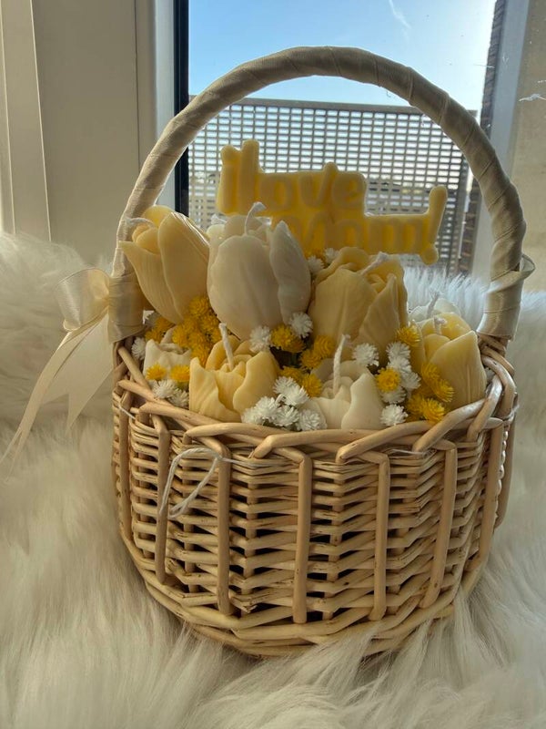 Yellow Tullip Basket Candle Bouquet