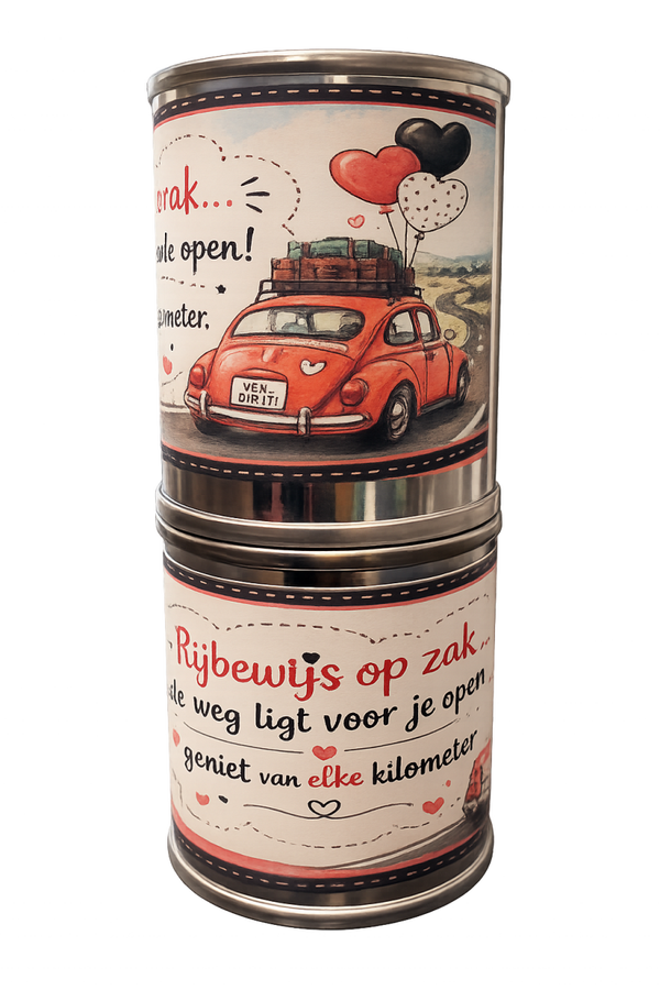 Blikje met snoep en tekst
