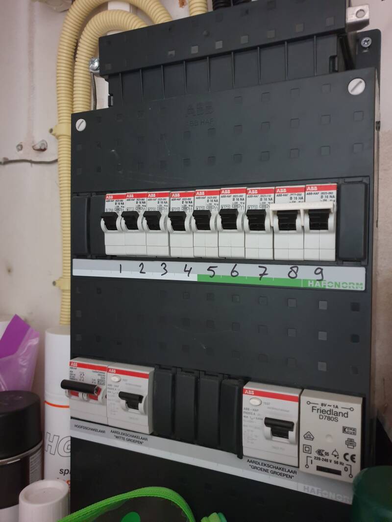 Dit huis heeft 9 groepen (met automatische zekeringen), 2 aardlekschakelaars en een aparte hoofdschakelaar. | natuurkundesite.nl