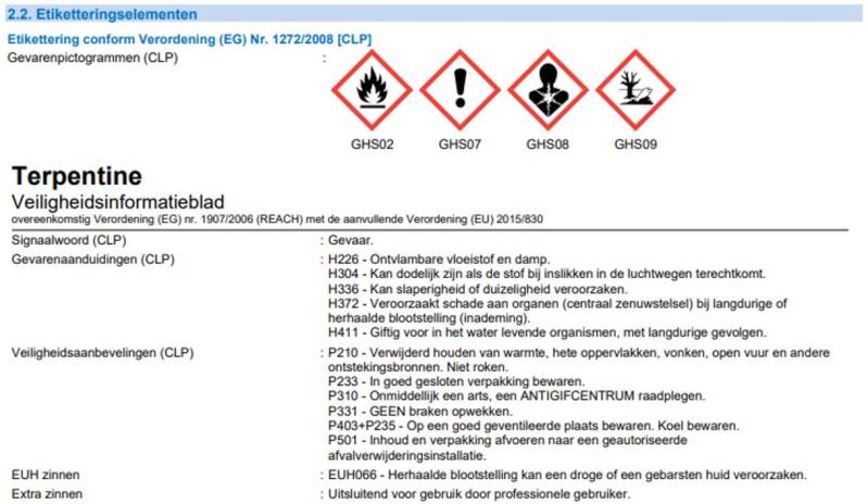 voorbeeld veiligheidsinformatieblad van terpentine, met gevarensymbolen, gevarenaanduidingen en veiligheidsaanbevelingen | natuurkundesite.nl