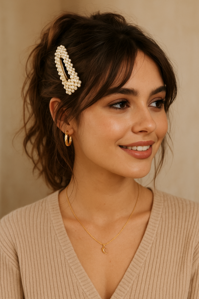 Junge Frau mit Pferdeschwanz-Frisur und Perlen Haarclip im Haar