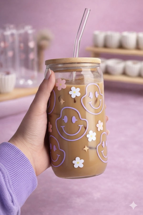 Trinkglas mit Strohhalm Happy