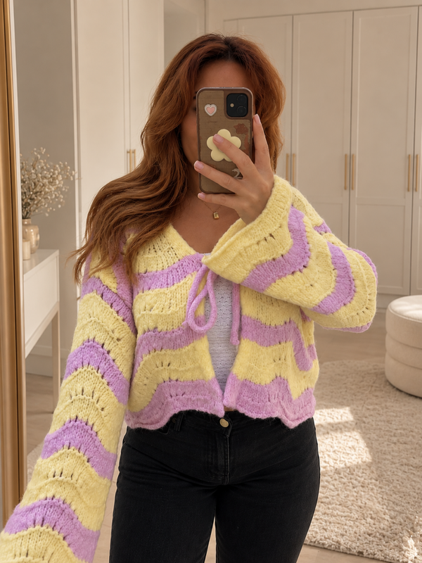 Lilly Cardigan – Gestreifter Strickcardigan Gelb & Rosa