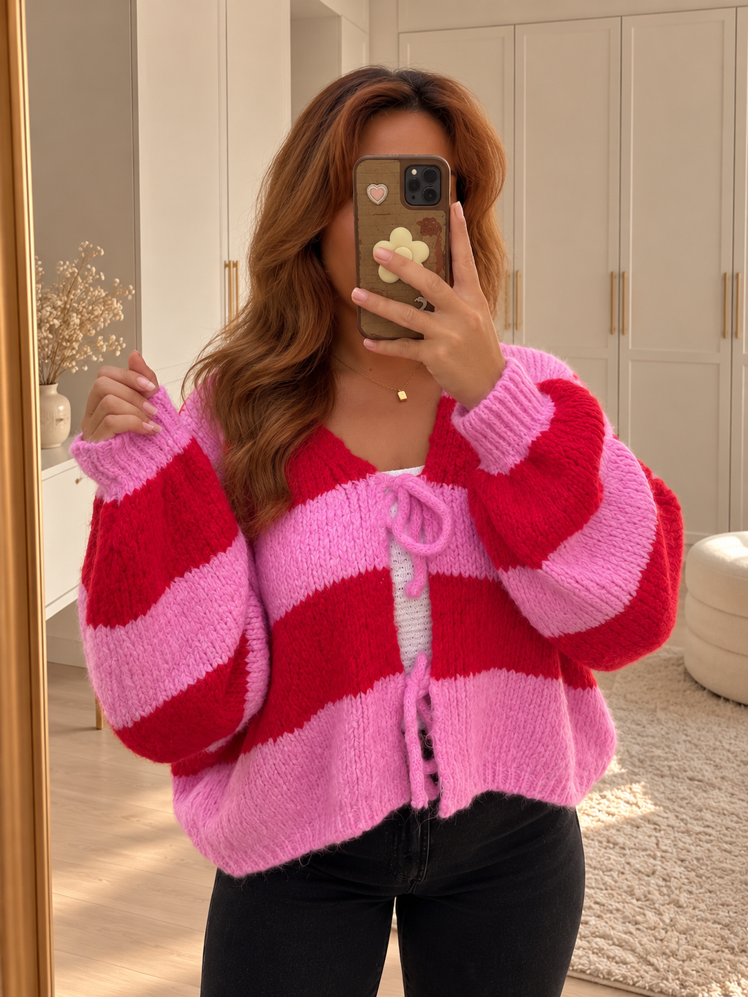 Lovie Cardigan – Pink-rot gestreifter Strickcardigan