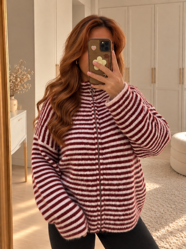 Coco Cardigan – Bordeaux-weiß gestreifter Damen Strickcardigan