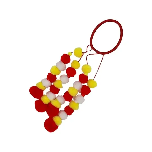 Haarelastiek rood, wit & gele pom poms